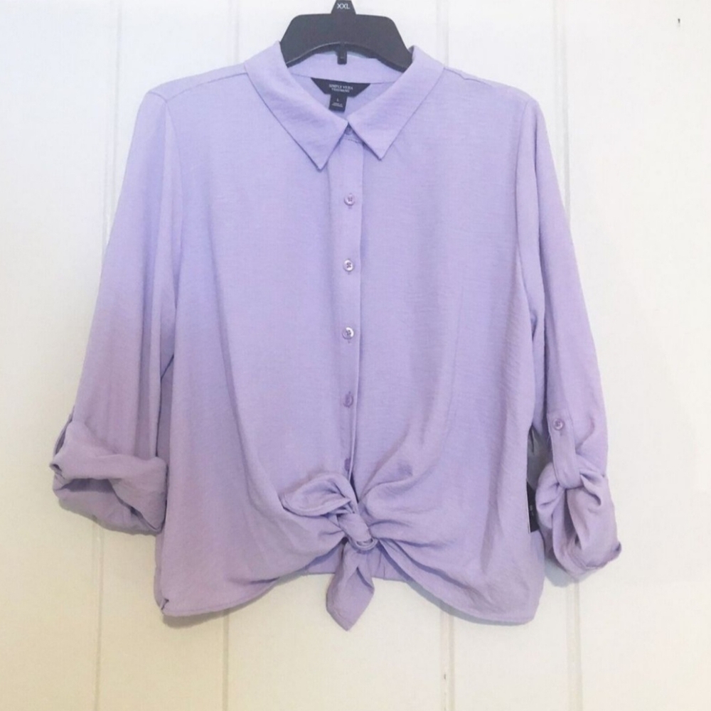 Simply Vera Vera Wang Megan Purple Button-Up Tie Waist Blouse Long Sleeve L NWT
